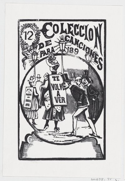腰をかがめてサインを背負った女性を見つめる男性、「...」のイラスト、ca. 1890年。 作： José Guadalupe Posada