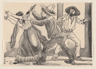女性の袖をつかんで刺す男性、「The Murd...」と題されたブロードサイドから、1891 年。 作： José Guadalupe Posada