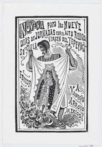 聖母像が描かれた布地を掲げる男性、「...」の挿絵、1880～1910年頃 作： José Guadalupe Posada