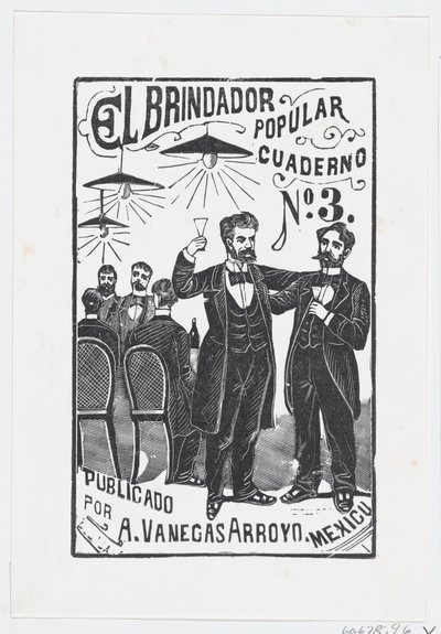 背景のテーブルに座っている男性のグループと一緒にグラスを上げている男性..., ca. 1890年から1899年。 作： José Guadalupe Posada