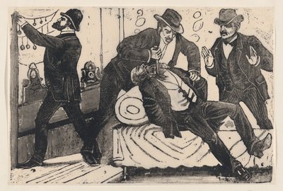 同僚が店を略奪している間、別の男性の胸を刺している男性。 1890-1891。 作： José Guadalupe Posada
