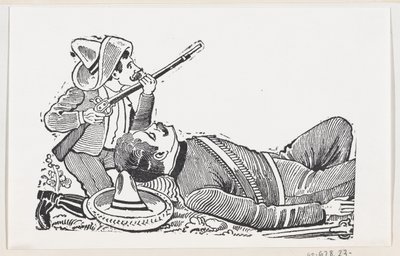 ライフルを持ち、倒れた革命家を守ろうと跪く革命家、c...1880年から1910年頃。 作： José Guadalupe Posada