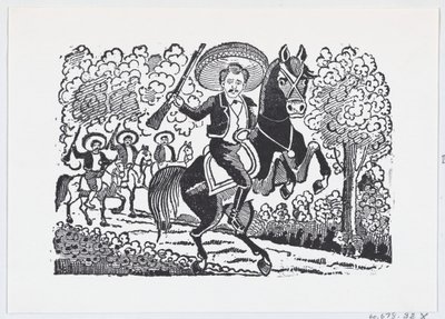 ライフルを持った馬に乗った革命軍兵士、ヘラリオ・ベルナル。 1880-1910.、約。 1880～1910年。 作： José Guadalupe Posada