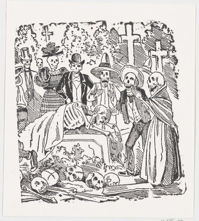 墓地で泣いているシーツで覆われた骸骨。 1880～1910年。 作： José Guadalupe Posada