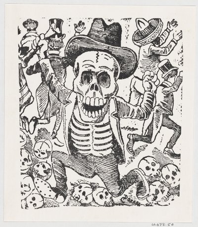 骨を持ち、人々が逃げ惑う中、頭蓋骨の山を飛び越えていく骸骨（1907年頃の作品）。 作： José Guadalupe Posada