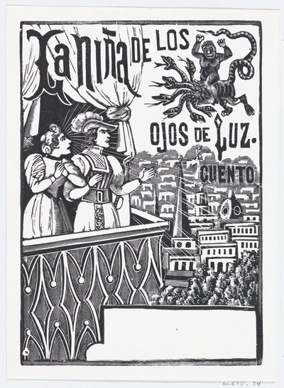 A woman and a man standing on a balcony looking up at a flying monster in the sky..., ca. 1880-1910.    1146971   ja       japanese Successfully Translated  Original: General Map of Nizhny Novgorod Governorate, 1788. Translat: General Map of Nizhny Novgoro 作： José Guadalupe Posada