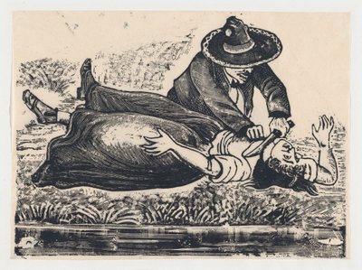 フランシスコ・ゲレロ、ベストメーカーで喉を切り裂き、女性を殺害。 19...、約。 1905～1910年。 作： José Guadalupe Posada