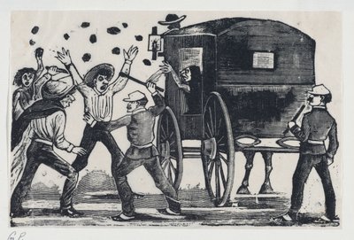馬と馬車の近くで戦う男たち。 1900-1910.、約。 1900～1910年。 作： José Guadalupe Posada
