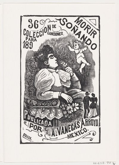 頭を後ろにして椅子に座って花を持っている女性の横顔, il..., ca. 1890年。 作： José Guadalupe Posada