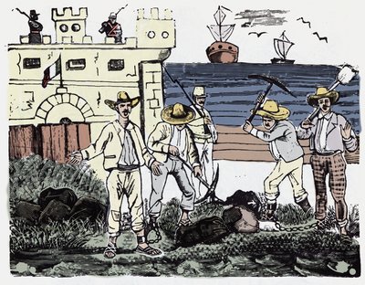メキシコ革命（1910-1920）。力仕事をする囚人たち - Xylography by Jose Guadalupe Posada (1852-1913) 作： José Guadalupe Posada