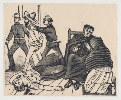 カリフォルニア州プエンテ デ ロス ガロスでの二重殺人事件。 1905-1910.、約。 1905～1910年。 作： José Guadalupe Posada