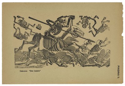 ドン・キホーテの頭蓋骨、1910〜13年頃、1943年に印刷（彫刻を施したレリーフエッチング） 作： José Guadalupe Posada