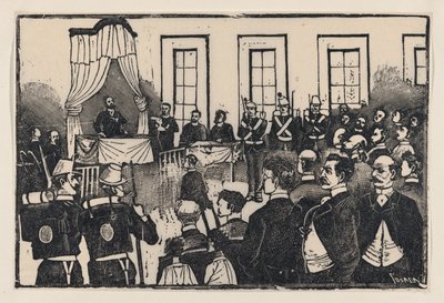 トマス・エルナンデス・アギーレを殺した犯人の裁判（「E...」と題された広辞苑より、1890～1891年頃）。 作： José Guadalupe Posada