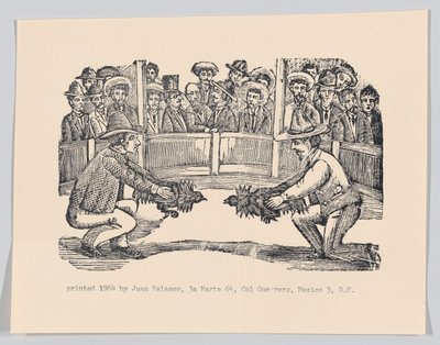 戦いの準備のために雄鶏を保持している競技場の 2 人の男性、1890 年から 1910 年頃、1964 年に復刻されました。 作： José Guadalupe Posada