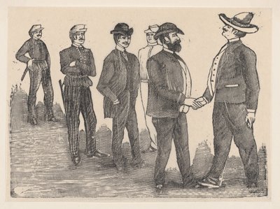 前景で握手する 2 人の男性と、背景でそれらを見守る警官..., ca. 1880～1910年。 作： José Guadalupe Posada