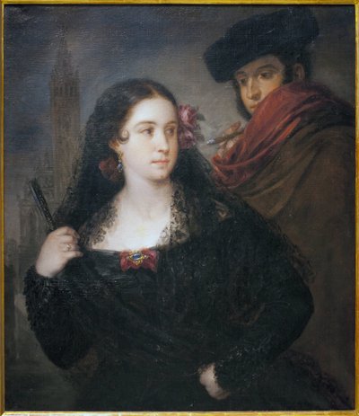 愉快な人々のカップル。ホセ・グティエレス・デ・ラ・ベガ（1791-1865）による絵画、油彩・キャンバス、1830年頃。スペイン、セビリア美術館蔵 作： José Gutiérrez de la Vega