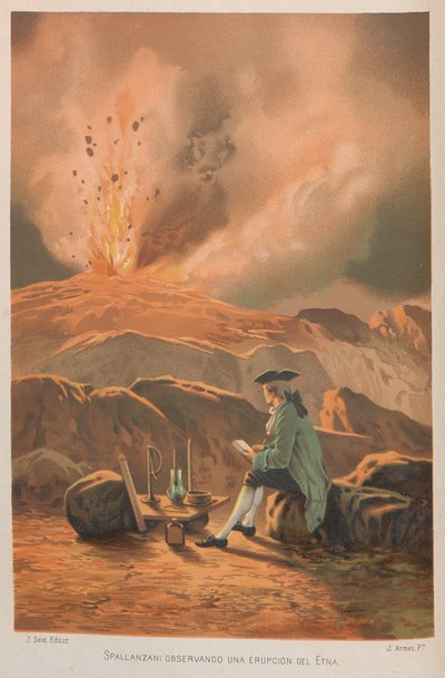 エトナ火山の噴火を観察するラザロ・スパランツァーニ。 出典: 科学とその人々、1879 年。 作： Jose Armet Portanell