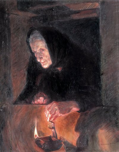 老婦人がオイルランプを持っています。Jose BENLLIURE ORTIZ（1884-1916）の絵画 油彩・キャンバスバレンシアサン・ピオ5世ベラス・アルテス美術館。 作： Jose Benlliure Ortiz