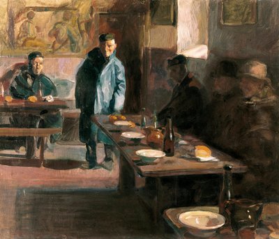 食事にはスープ汁がある。ホセ・ベンリウレ・オルティス（1884-1916）の絵画。油彩・キャンバス。バレンシア、サン・ピウスV美術館。 作： Jose Benlliure Ortiz