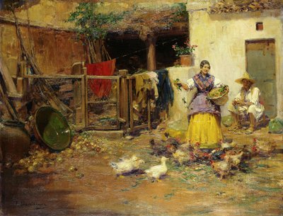 鶏に餌をやる 作： Jose Benlliure y Gil