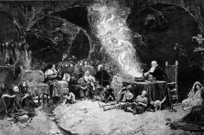 安息日のシーン、魔術師が魔法の大釜で生き物を召喚する儀式を司る。魔女たちもその場にいます。ホセ・ベンリウレ・イ・ジル（1855-1937）のドローイングより 作： Jose Benlliure y Gil