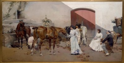 J.クサックスとクサックス、馬の交換-絵画、1901 作： Jose Cusachs y Cusachs