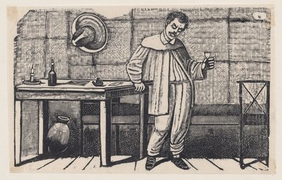 手にグラスを持ち、下を見ながらテーブルにもたれる男 - 『孤児』からの挿絵 作： ホセ・グアダルーペ・ポサダ