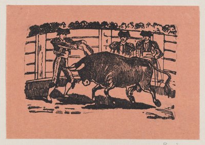 Ein Torero platziert Banderillas in die Schultern des Stiers, während zwei Männer hinter dem Stier stehen 作： ホセ・グアダルーペ・ポサダ