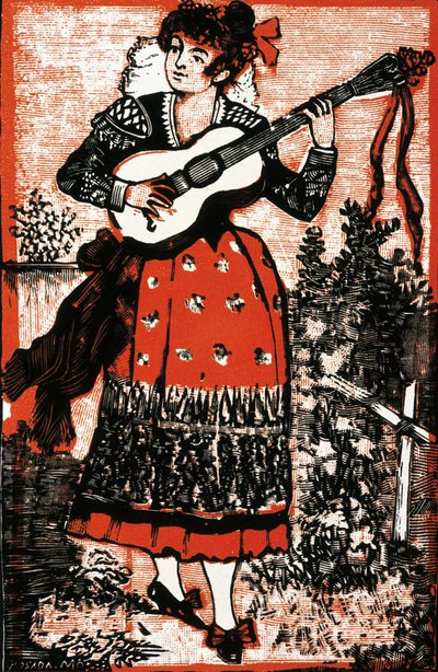 ギターを持ったメキシコ人女性を描いた歌集の表紙。 Jose Guadalupe POSADA (1852-1913) による彫刻。 彫刻 作： José Guadalupe Posada