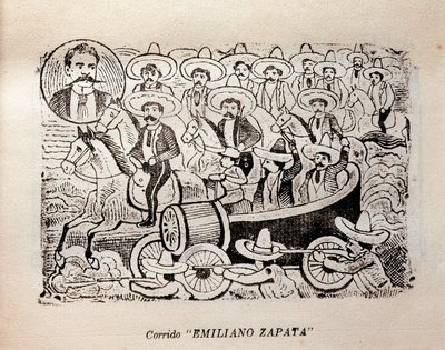 メキシコです。メキシコ革命 "Corrido Emiliano Zapata" (彫刻) 作： José Guadalupe Posada