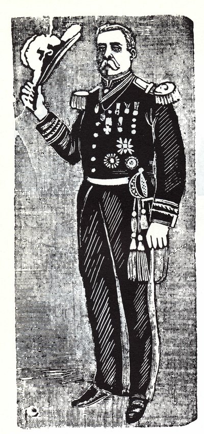 メキシコ共和国大統領ポルフィリオ・ディアス（1828-1915）の肖像。キシログラフィーはホセ・グアダルーペ・ポサダ（1852-1913）。 作： José Guadalupe Posada