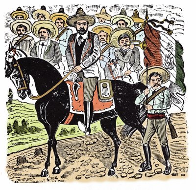 メキシコ革命（1910年～1920年）の様子。フランシスコ・インダレシオ・マデロ（1873-1913）メキシコ革命家の肖像。ホセ・グアダルーペ・ポサダ(1852-1913)のキシログラフィー。 作： José Guadalupe Posada