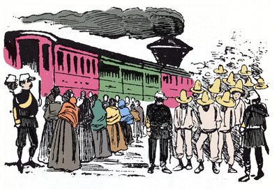 メキシコ革命（1910-1920）：バジェ・ナシオナルの労働者の国外追放（1908年頃） - Xylography by Jose Guadalupe Posada (1852-1913) 作： José Guadalupe Posada