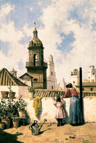 カディスのルーフテラス。テラスの中央で、母娘がおそらくじょうろで植物に水をやっている。Jose PEREZ SIGUIMBOSCUM（19世紀）による絵画、19世紀後半 油彩・キャンバス。カディス、カディス地方博物館。 作： Jose Perez Siguimboscum