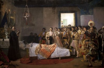 師匠の死。 Jose Villegas Cordero (1844-1921) による絵画、キャンバスに油彩、1913 年頃。 スペイン、セビリアの美術館。 作： Jose Villegas Cordero