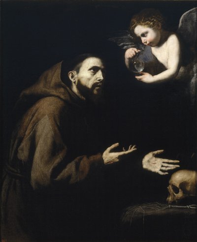 アッシジのフランシスと水のボトルを持つ天使、1636-1637 作： Jose de Ribera