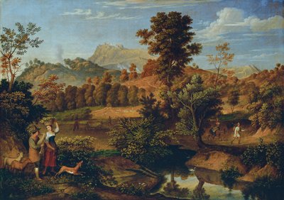 農民が耕すイタリアの風景（オレバノ近くのセルペンタラ、パリアノ近くの風景） 作： Josef Anton Koch