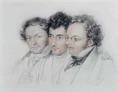 左から作曲家ヨハン・バプティスト・ジェンガー（1793-1856）、アンセルム・ヒュッテンブレンナー（1794-1868）、フランツ・シューベルト（1797-1828）の友人たち、パステル画：Josef Teltscher 作： Josef Eduard Teltscher