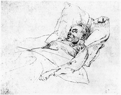 1827年3月28日、死の床にあるルートヴィヒファンベートーベン（1770-1827）（bw写真） 作： Josef Eduard Teltscher