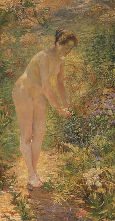 庭に立っている女性のヌード。 1900年頃 作： Josef Engelhart