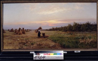 夕方の光の中で収穫します。 （夕方の光で収穫）。 干し草の山でいっぱいの畑で働く 2 人の女性。 Iosiph Evstafievich Krachkovsky（1854-1914）による絵画、キャンバスに油彩 作： Josef Evstafievich Krachkovsky