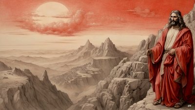 イエスは山の上で、悪魔からこの世のすべての王国を見せられた-私を崇めなさい。 作： Josef Johann Michel