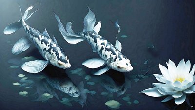 墨絵：鯉・鯉魚_白大理石_02 作： Josef Johann Michel