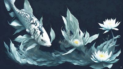 墨絵：鯉・鯉魚_白大理石_03 作： Josef Johann Michel