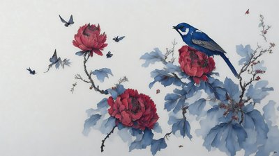 インク画青で描かれたPEONY_01 作： Josef Johann Michel