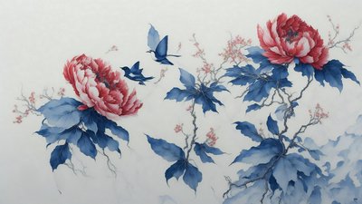 インク画青で描かれたPEONY_02 作： Josef Johann Michel