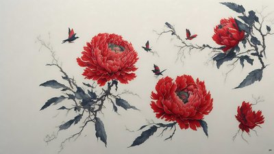 インク画赤の牡丹_01 作： Josef Johann Michel