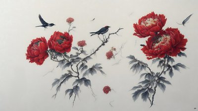 インク画赤の牡丹_02 作： Josef Johann Michel