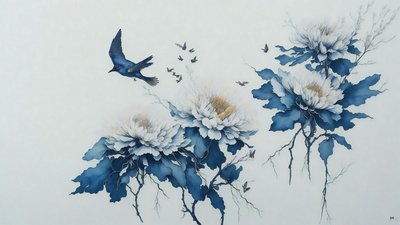 水墨画：菊の花・青_01 作： Josef Johann Michel