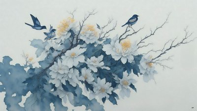 水墨画：菊の花・青_02 作： Josef Johann Michel
